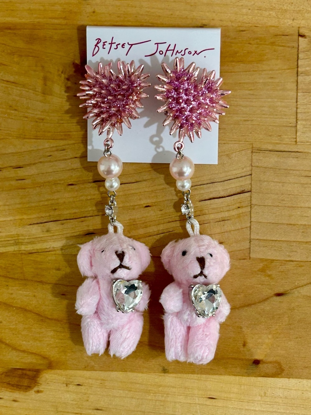 Betsey Johnson Spikey Heart Plush Teddy Bear Drop Earrings